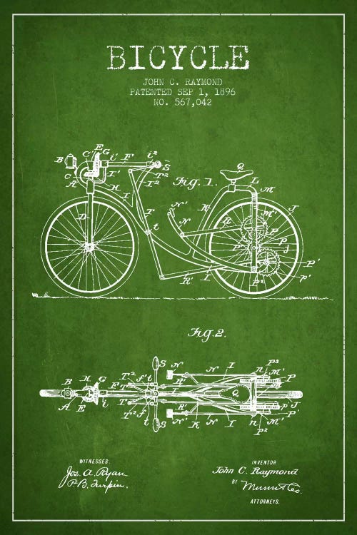 Raymond Bike Green Patent Blueprint by Aged Pixel wall art