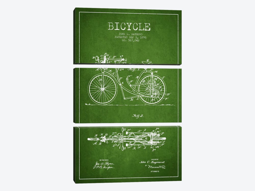 Raymond Bike Green Patent Blueprint by Aged Pixel 3-piece Canvas Art Print