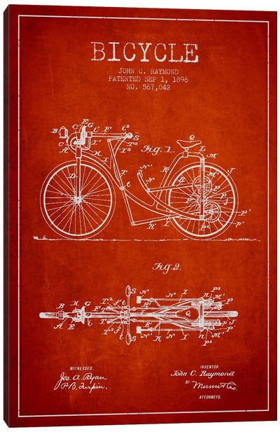 Raymond Bike Red Patent Blueprint Canvas Art Print - Aged Pixel: Sports