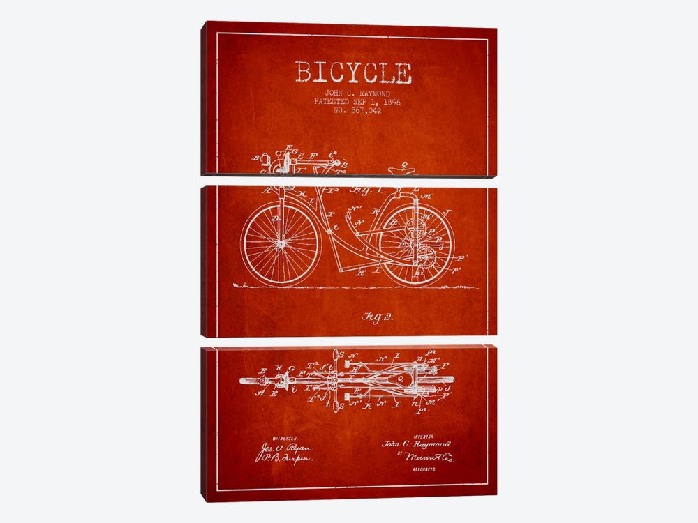 Raymond Bike Red Patent Blueprint by Aged Pixel 3-piece Canvas Wall Art