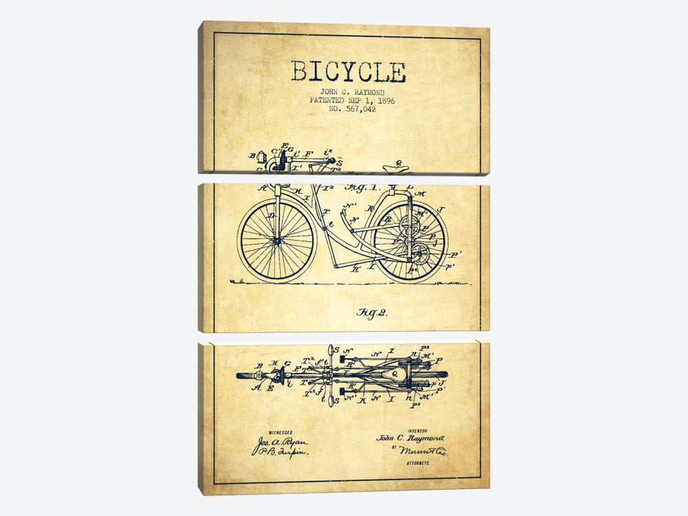 Raymond Bike Vintage Patent Blueprint by Aged Pixel 3-piece Canvas Print
