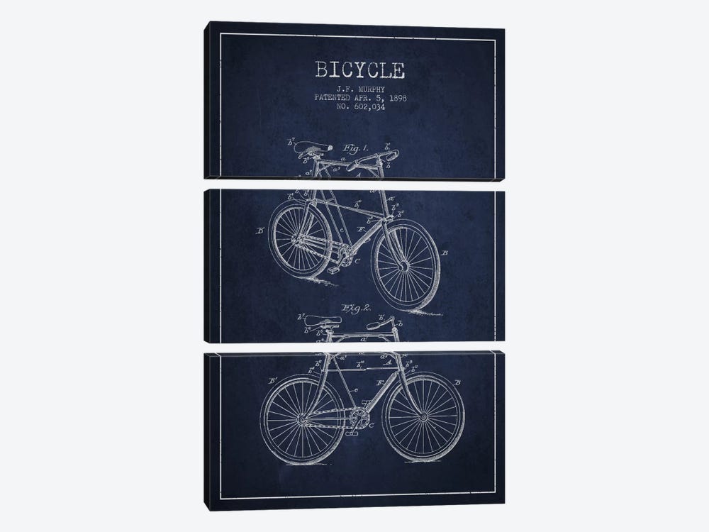 Bike Navy Blue Patent Blueprint by Aged Pixel 3-piece Canvas Art