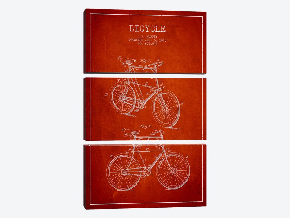 Bike Red Patent Blueprint by Aged Pixel 3-piece Canvas Art Print