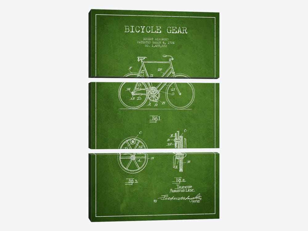 Bike Green Patent Blueprint by Aged Pixel 3-piece Canvas Print