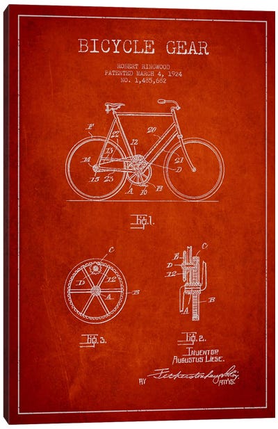 Bike Red Patent Blueprint Canvas Art Print - Bicycle Art