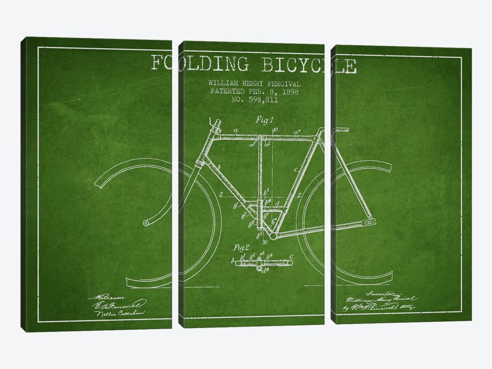 Bike Green Patent Blueprint by Aged Pixel 3-piece Canvas Art
