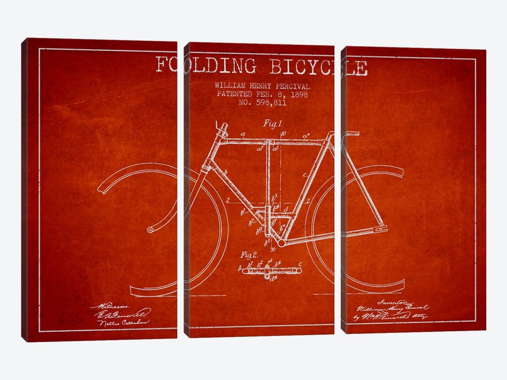 Bike Red Patent Blueprint by Aged Pixel 3-piece Canvas Art