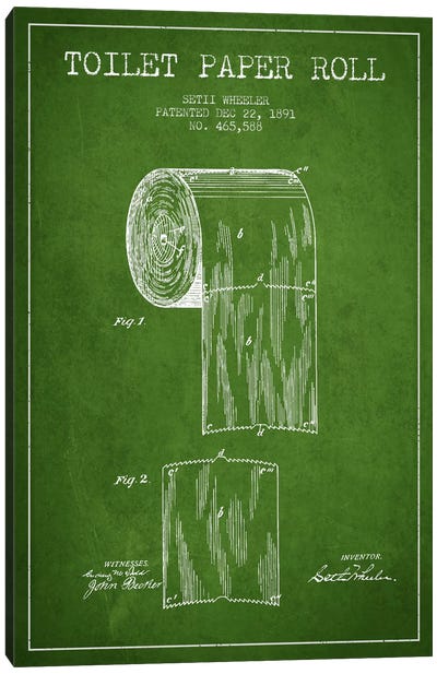 Toilet Paper Green Patent Blueprint Canvas Art Print - Industrial Décor