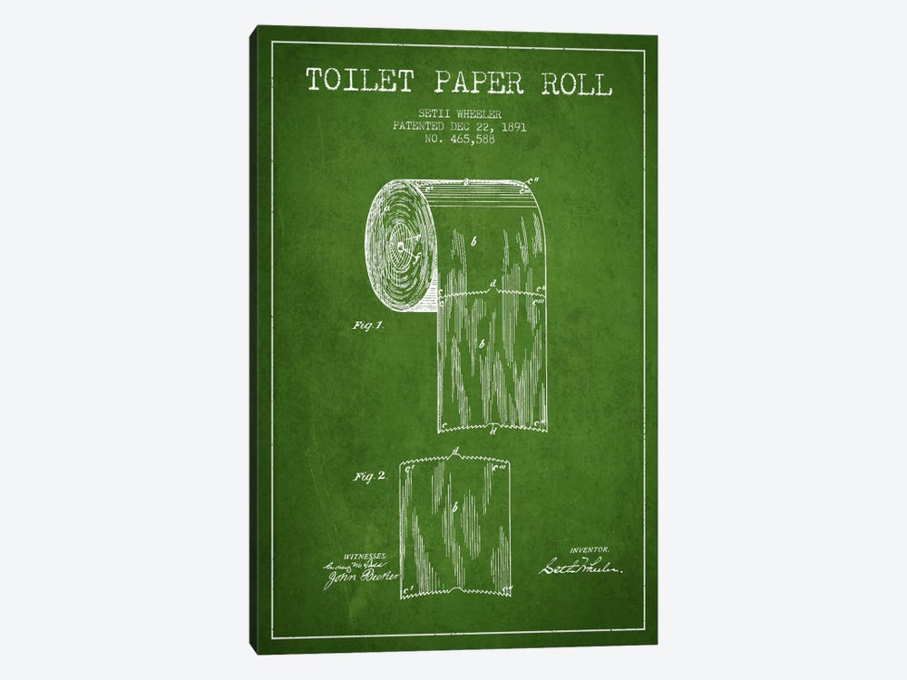 Toilet Paper Green Patent Blueprint by Aged Pixel 1-piece Canvas Art Print
