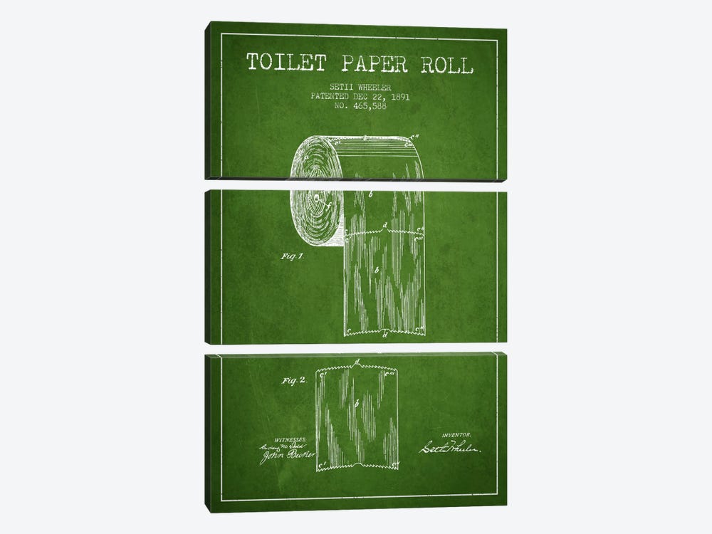 Toilet Paper Green Patent Blueprint by Aged Pixel 3-piece Art Print