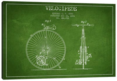 Otto Velocipede Green Patent Blueprint Canvas Art Print - Bicycle Art