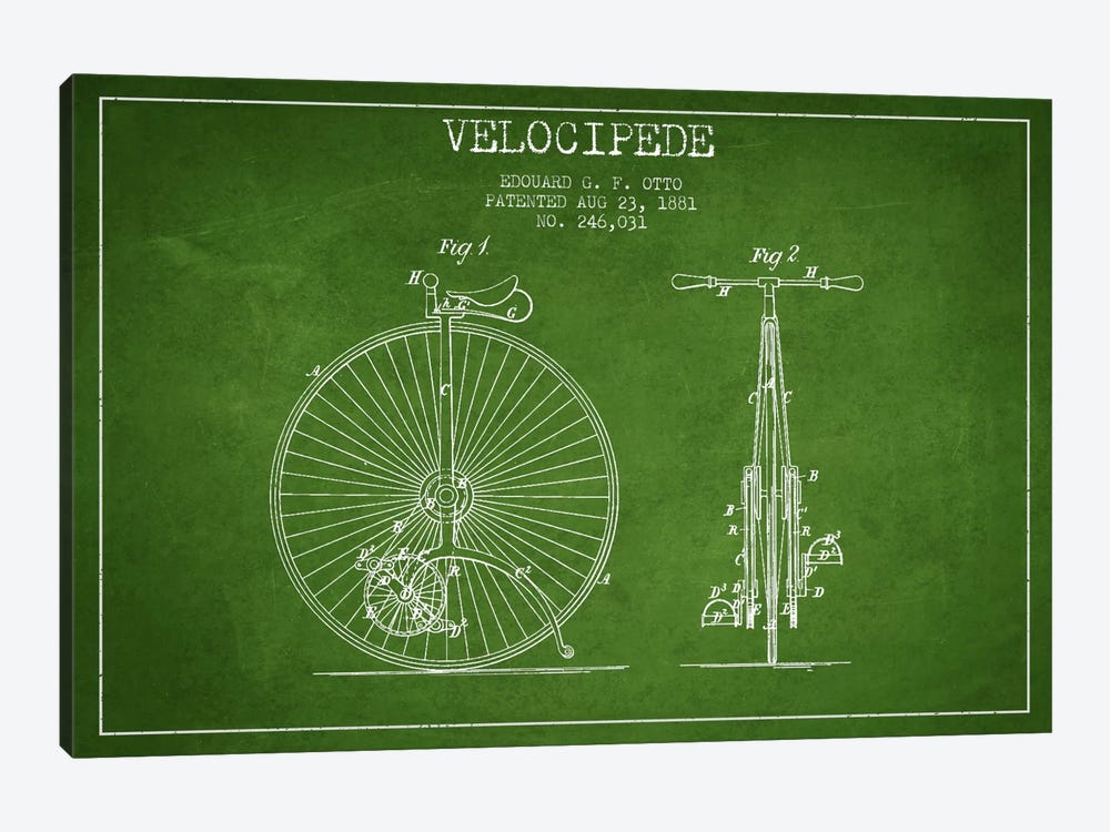 Otto Velocipede Green Patent Blueprint by Aged Pixel 1-piece Canvas Art Print