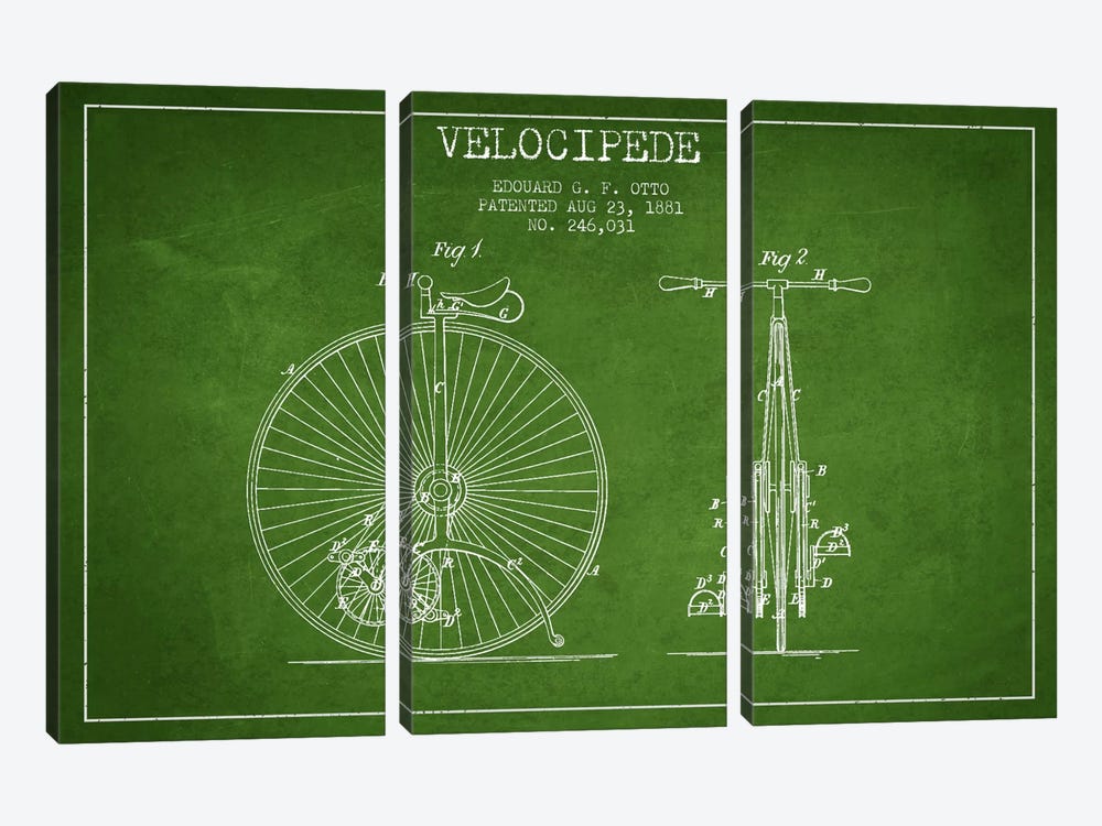 Otto Velocipede Green Patent Blueprint by Aged Pixel 3-piece Art Print