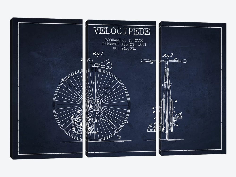 Otto Velocipede Navy Blue Patent Blueprint by Aged Pixel 3-piece Canvas Artwork