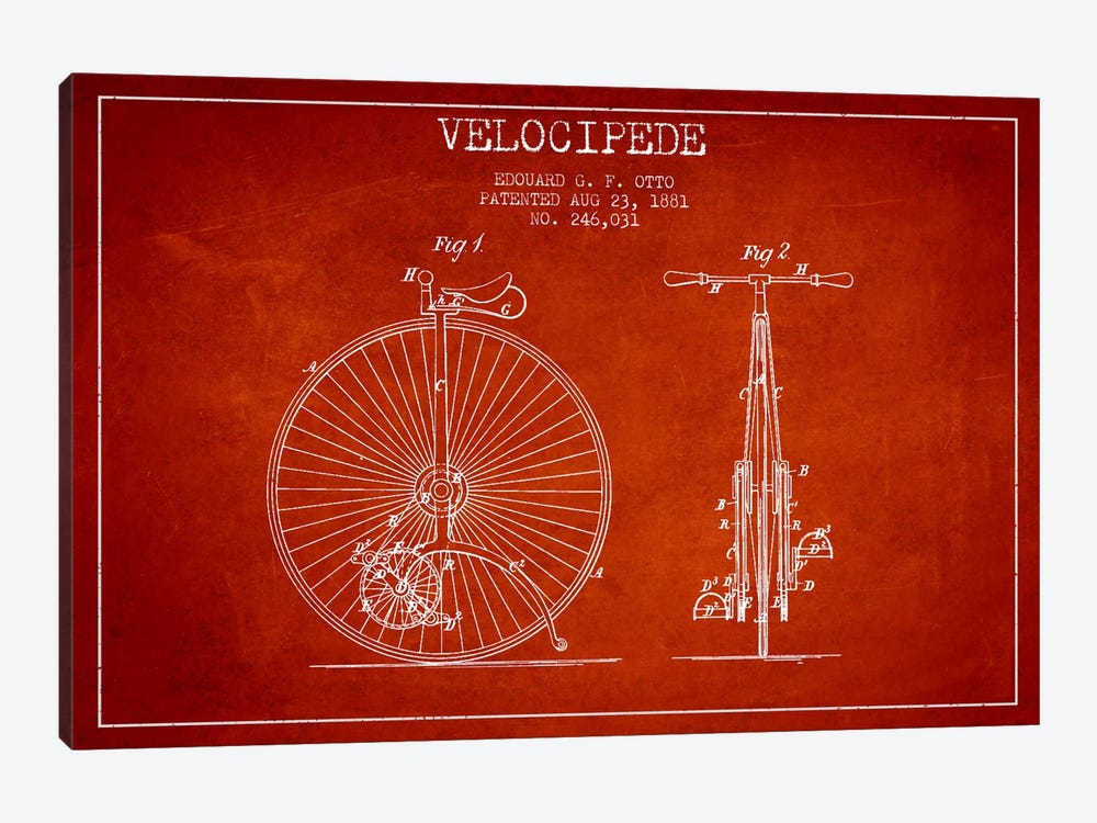 Otto Velocipede Red Patent Blueprint by Aged Pixel 1-piece Canvas Art Print