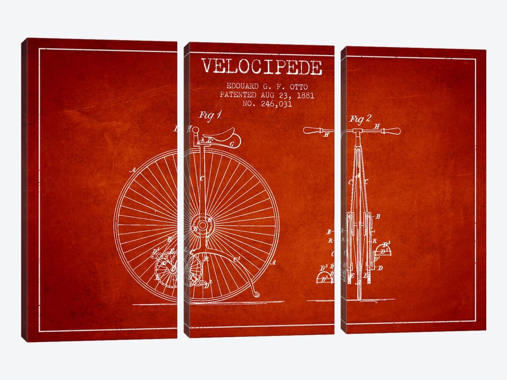 Otto Velocipede Red Patent Blueprint by Aged Pixel 3-piece Canvas Print