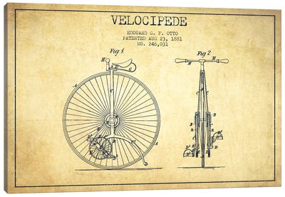 Otto Velocipede Vintage Patent Blueprint Canvas Art Print - Sports Blueprints