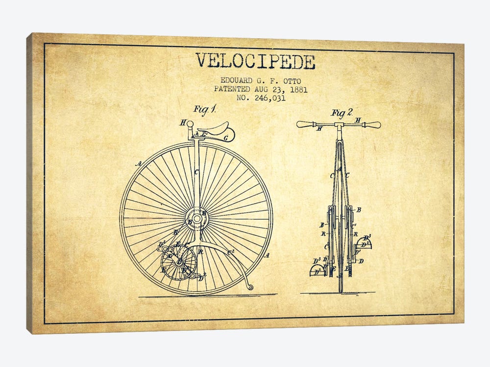 Otto Velocipede Vintage Patent Blueprint by Aged Pixel 1-piece Canvas Art
