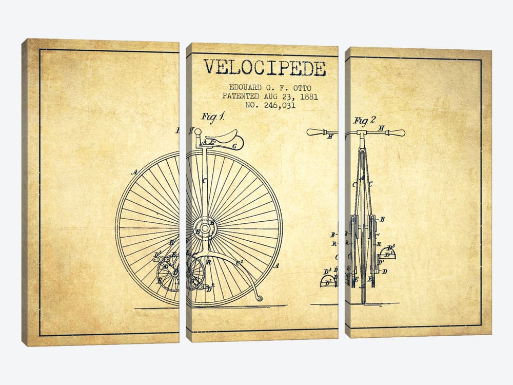 Otto Velocipede Vintage Patent Blueprint by Aged Pixel 3-piece Canvas Wall Art