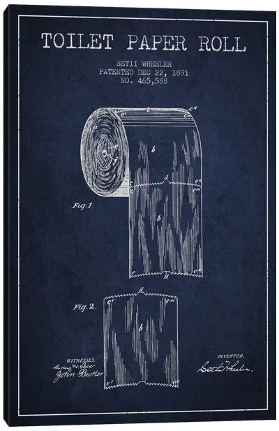 Toilet Paper Navy Blue Patent Blueprint Canvas Art Print - Bathroom Art