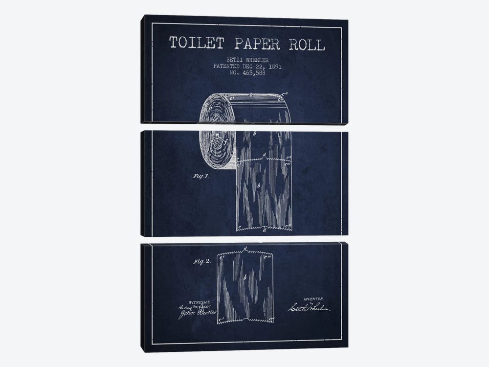 Toilet Paper Navy Blue Patent Blueprint by Aged Pixel 3-piece Canvas Art