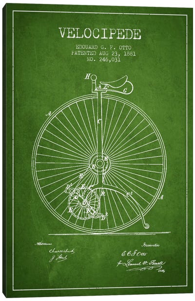 Otto Bike Green Patent Blueprint Canvas Art Print - Bicycle Art
