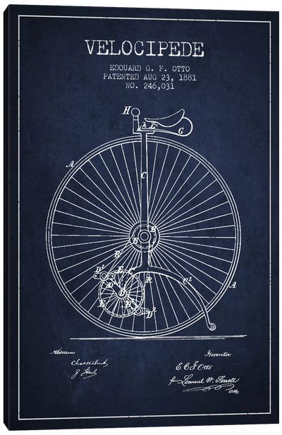 Otto Velocipede Navy Blue Patent Blueprint Canvas Art Print - Bicycle Art