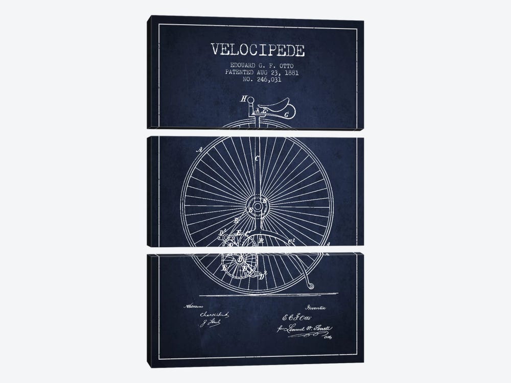 Otto Velocipede Navy Blue Patent Blueprint by Aged Pixel 3-piece Canvas Wall Art