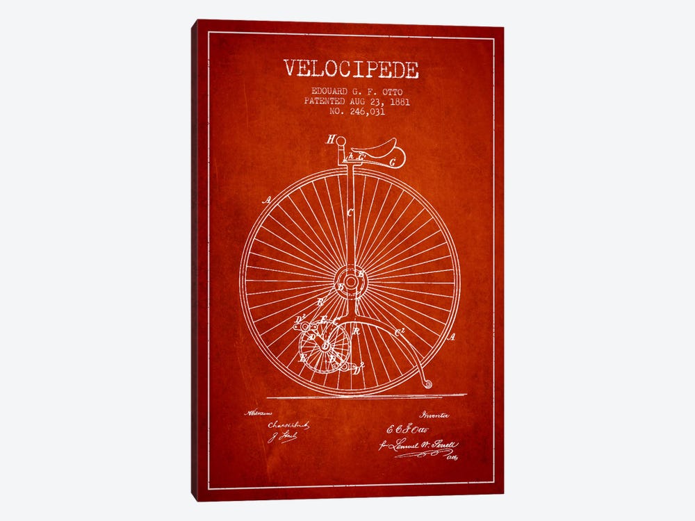 Otto Velocipede Red Patent Blueprint by Aged Pixel 1-piece Canvas Art Print