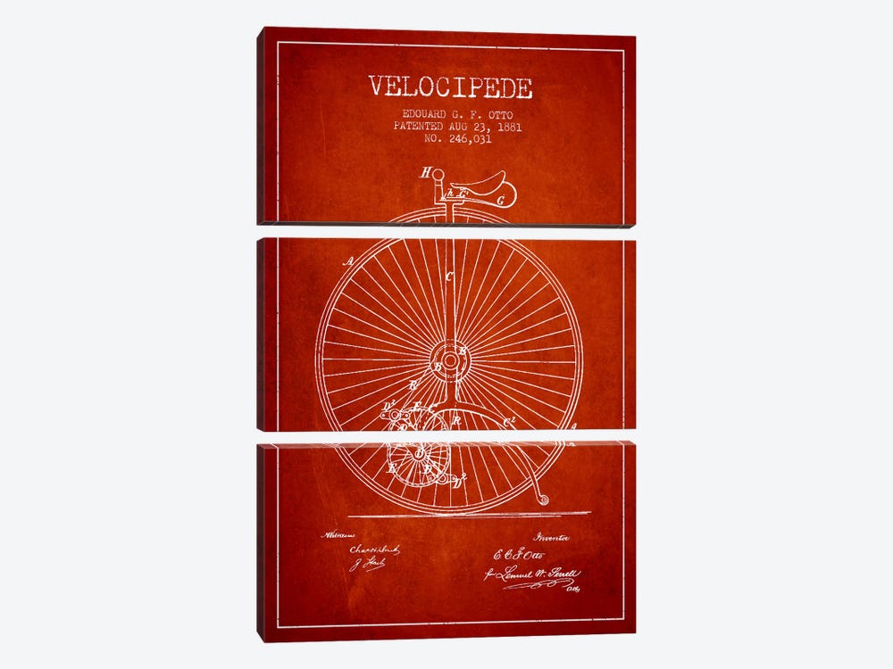 Otto Velocipede Red Patent Blueprint by Aged Pixel 3-piece Art Print