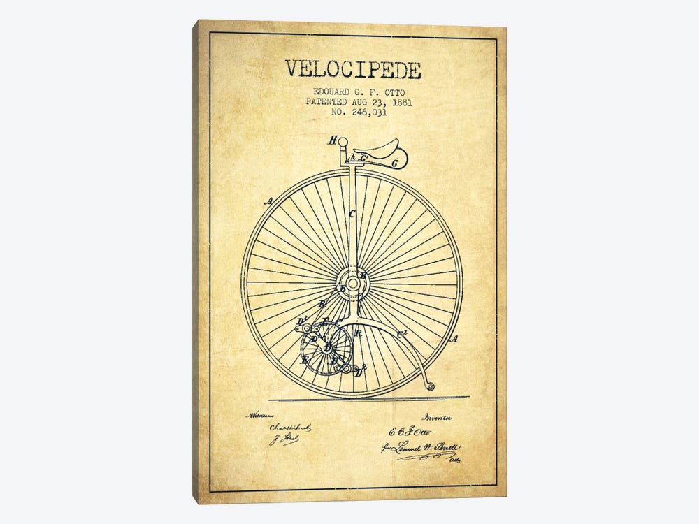 Otto Velocipede Vintage Patent Blueprint by Aged Pixel 1-piece Canvas Artwork