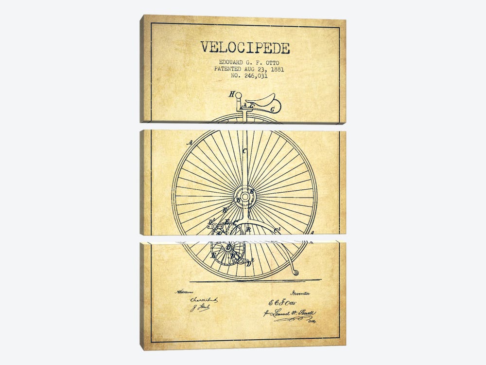 Otto Velocipede Vintage Patent Blueprint by Aged Pixel 3-piece Canvas Art