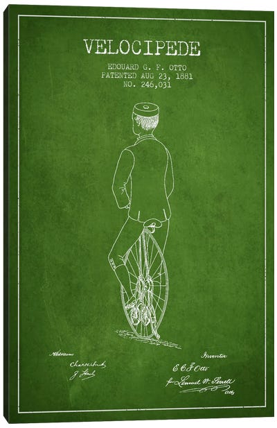 Otto Bike Riding Green Patent Blueprint Canvas Art Print - Bicycle Art