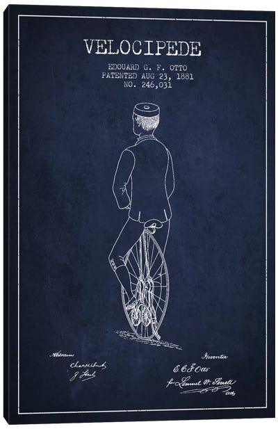 Otto Bike Navy Blue Patent Blueprint Canvas Art Print - Sports Blueprints