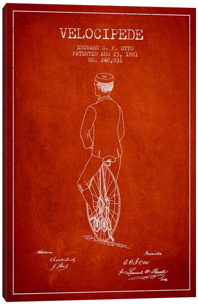 Otto Bike Riding Red Patent Blueprint Canvas Art Print - Bicycle Art