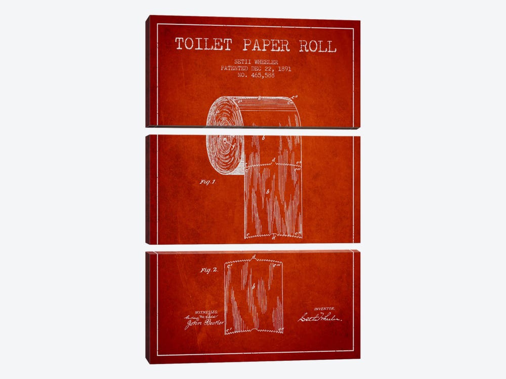 Toilet Paper Red Patent Blueprint by Aged Pixel 3-piece Canvas Art Print