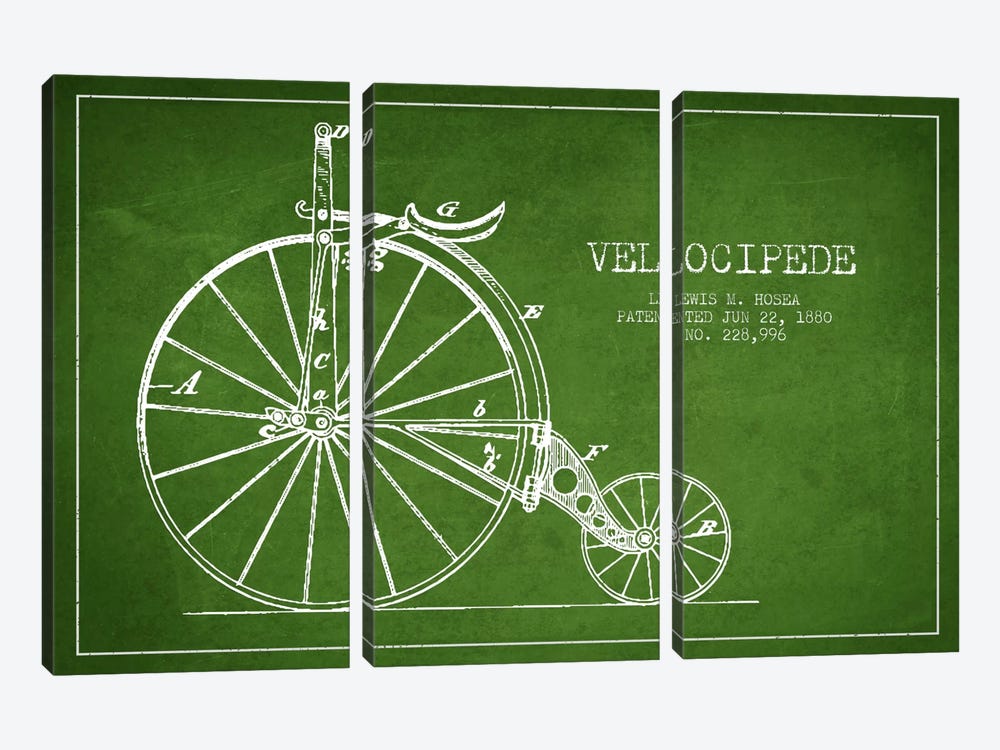 Hosea Velocipede Green Patent Blueprint by Aged Pixel 3-piece Canvas Art