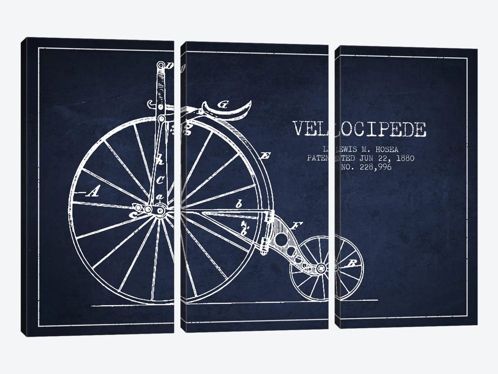 Hosea Velocipede Navy Blue Patent Blueprint by Aged Pixel 3-piece Canvas Print