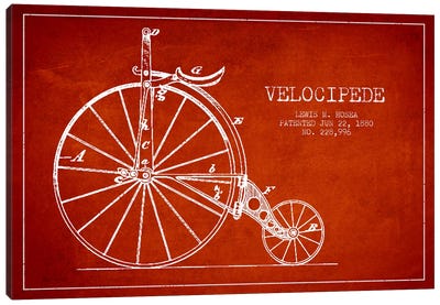 Hosea Velocipede Red Patent Blueprint Canvas Art Print - Bicycle Art