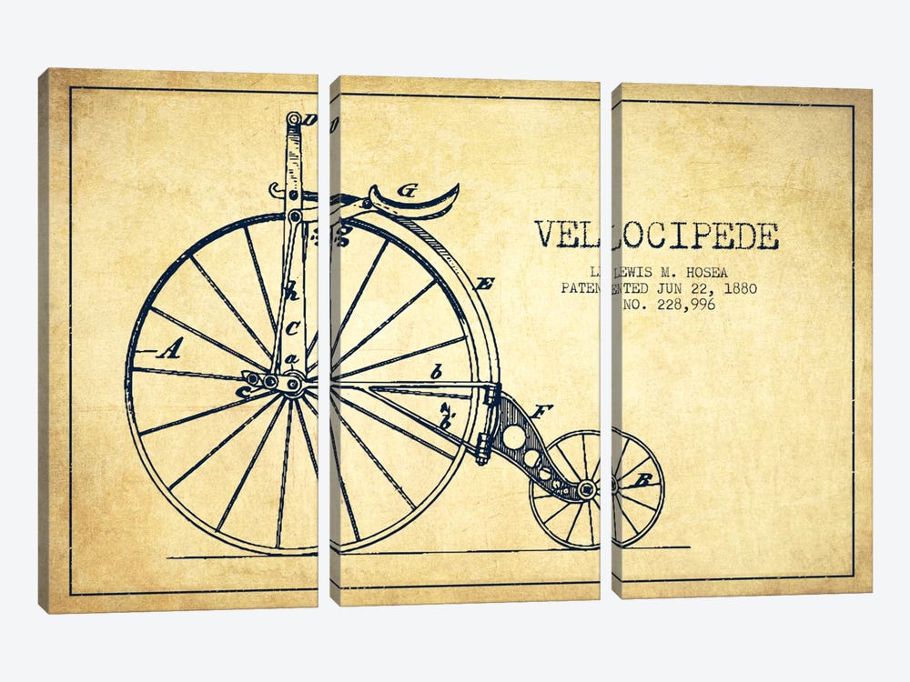 Hosea Velocipede Vintage Patent Blueprint by Aged Pixel 3-piece Canvas Art Print