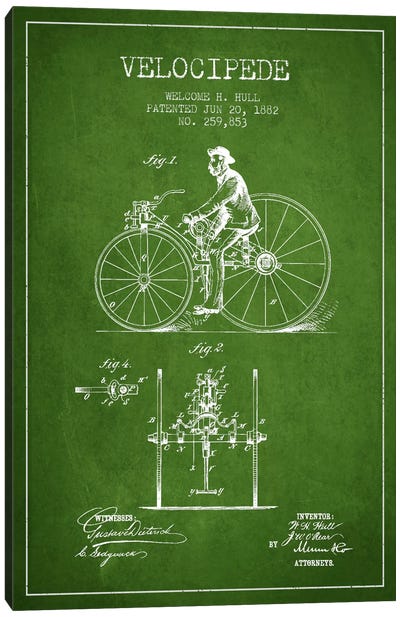 Hull Velocipede Green Patent Blueprint Canvas Art Print - Bicycle Art