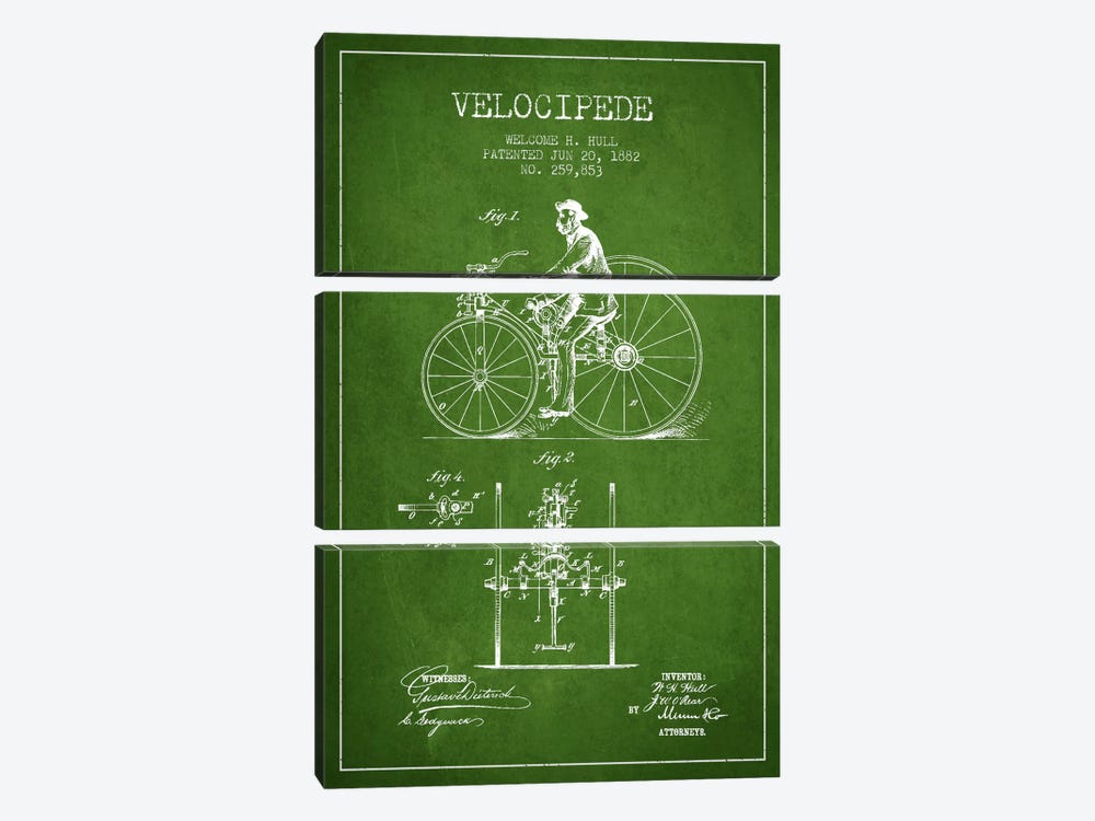 Hull Velocipede Green Patent Blueprint by Aged Pixel 3-piece Canvas Art Print