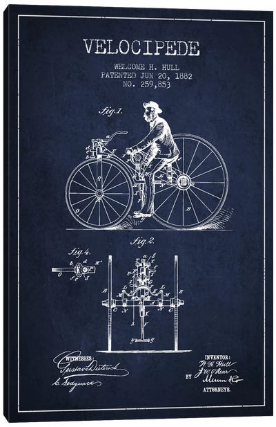 Hull Velocipede Navy Blue Patent Blueprint Canvas Art Print - Bicycle Art