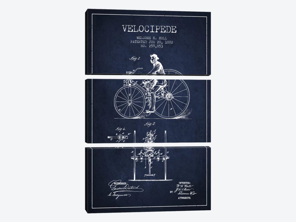 Hull Velocipede Navy Blue Patent Blueprint by Aged Pixel 3-piece Canvas Artwork