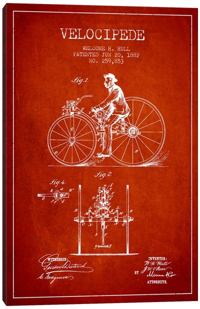 Hull Velocipede Red Patent Blueprint Canvas Art Print - Bicycle Art