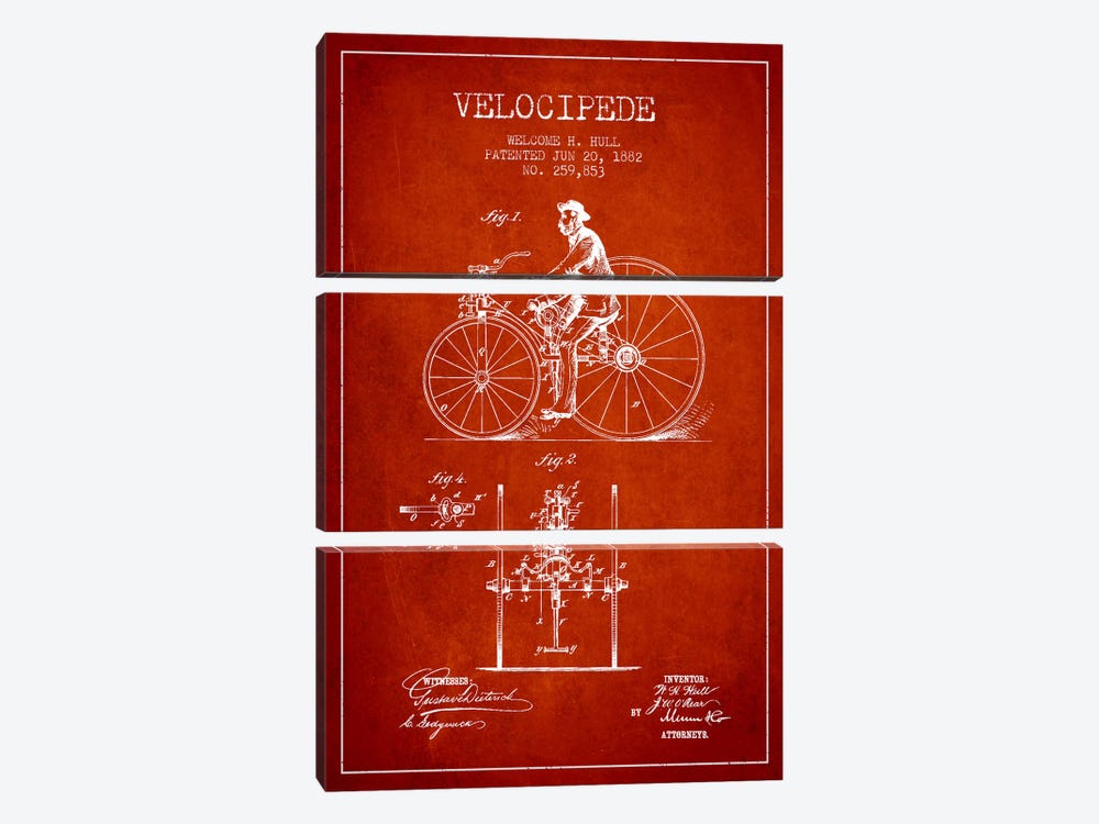 Hull Velocipede Red Patent Blueprint by Aged Pixel 3-piece Canvas Art Print