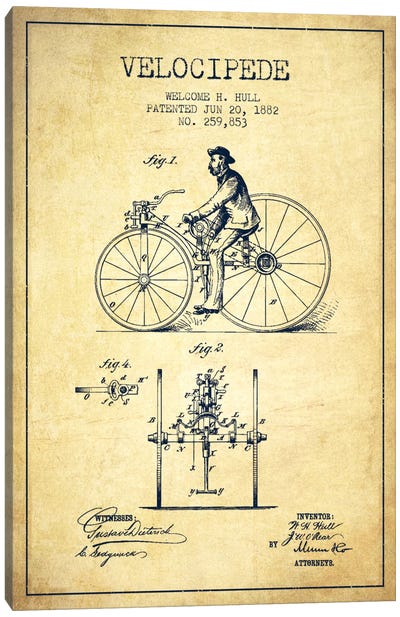 Hull Velocipede Vintage Patent Blueprint Canvas Art Print - Bicycle Art