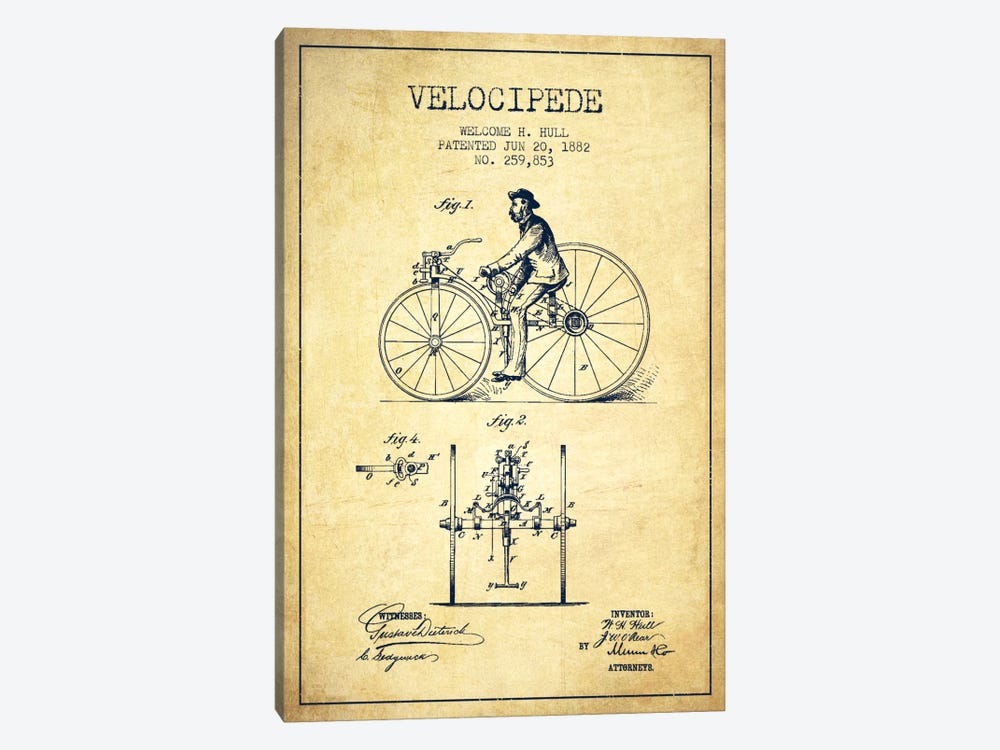 Hull Velocipede Vintage Patent Blueprint by Aged Pixel 1-piece Canvas Artwork