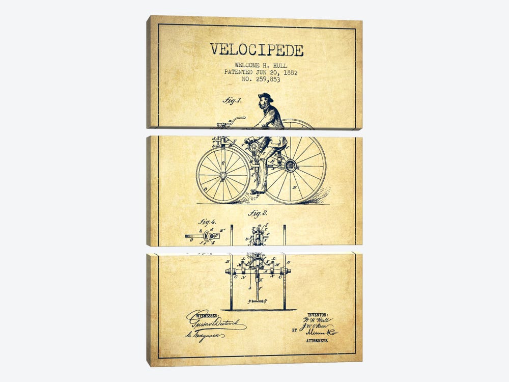 Hull Velocipede Vintage Patent Blueprint by Aged Pixel 3-piece Canvas Artwork