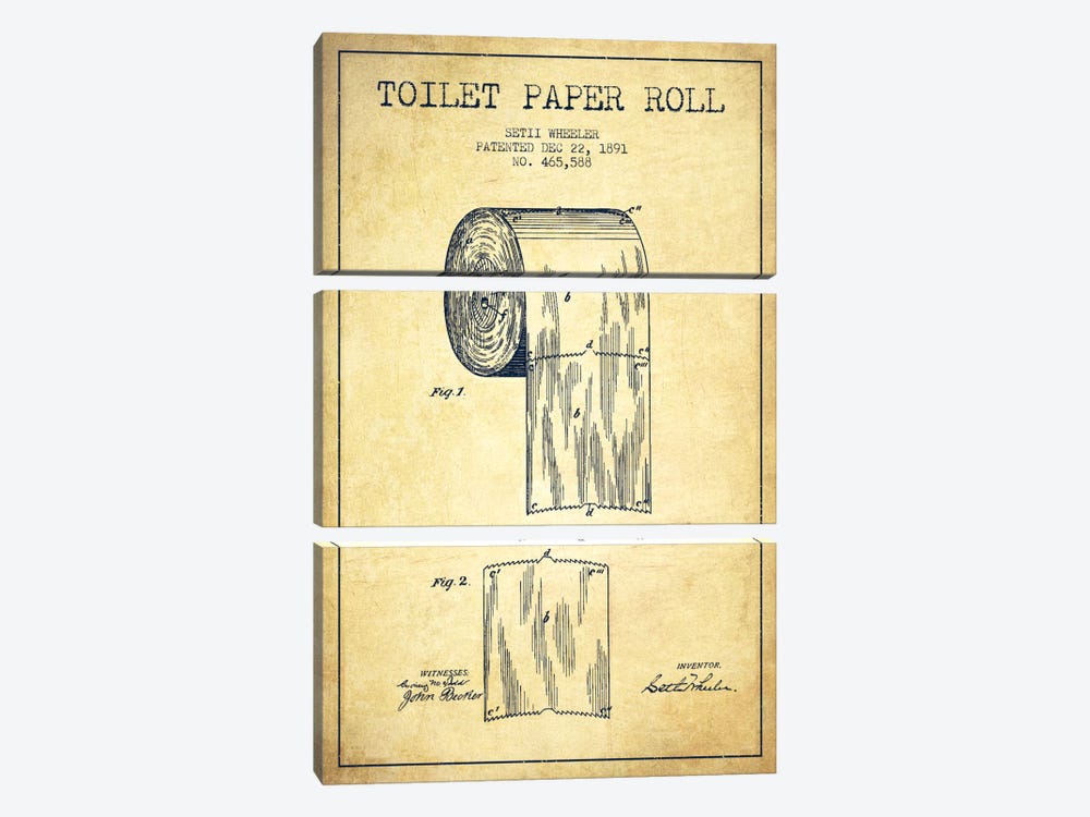 Toilet Paper Vintage Patent Blueprint by Aged Pixel 3-piece Canvas Art